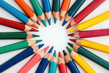 Fototapeta premium Colorful array of pencils arranged in circular pattern, showcasing vibrant hues like red, green, blue, and yellow, perfect for artistic creativity and inspiration