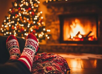 Feet in woollen socks by the Christmas fireplace. Woman relaxes by warm fire and warming up her feet in woollen socks. Close up on feet. Winter and Christmas holidays concept.