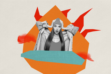 Composite photo collage of astonished girl hold head unbelievable concept fire depression mood...