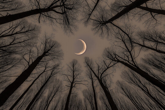 Sch&ouml;ner Blick durch B&auml;ume auf den Mond in der Nacht

