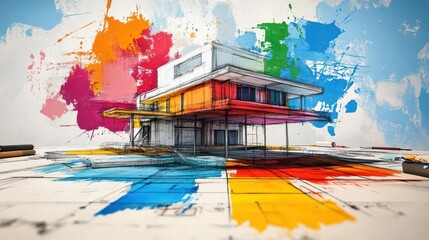 Spraypainted architectural blueprints of a futuristic building, vibrant neon street art