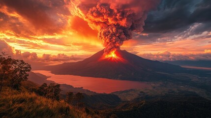 Volcanic Eruption at Sunset with Dramatic Sky and Landscape