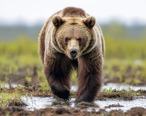 Obraz premium Panoramic view a brown bear walking through a summer bog