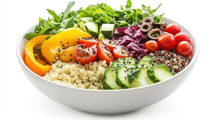 vegan breakfast bowl, colorful veggies and quinoa, balanced and modern, clean style, isolated on white background