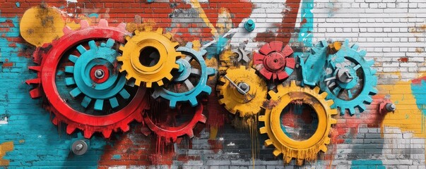 Corporate figure spraypainting graffiti cogs and gears, neon colors on a brick wall backdrop