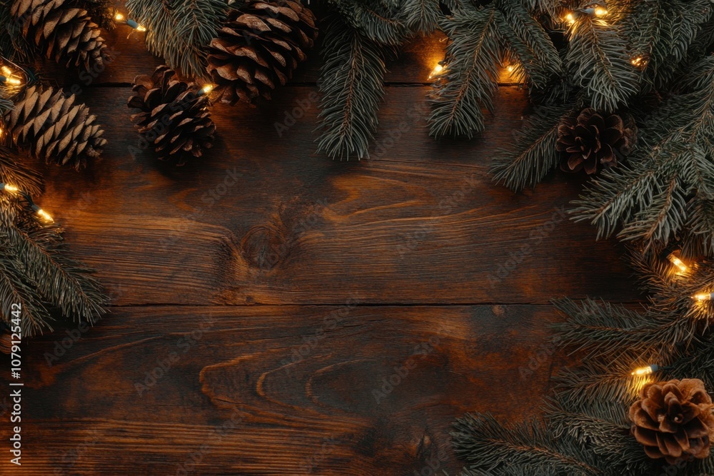 Aufkleber wooden background with a string of lights along the edges christmas or new year decoration brown woo