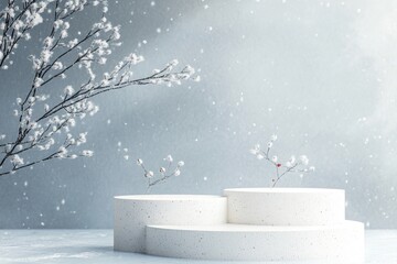 Winter Showcase: Abstract Geometric Display Podium in Snowy Landscape