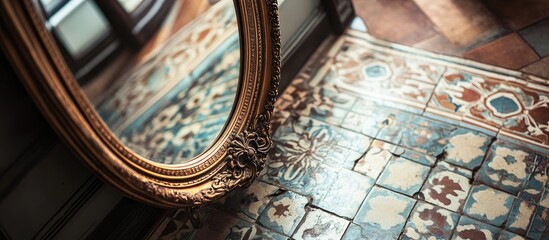 Close up of an ornate vintage mirror reflecting the intricate tile floor showcasing timeless elegance and home decor charm