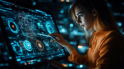 A woman interacts with a futuristic touchscreen interface displaying complex data in a dark room
