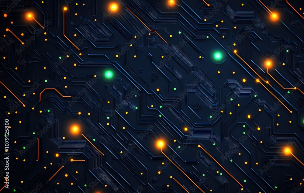 Poster abstract background with illuminated circuit board. orange and green lights highlight a network of l