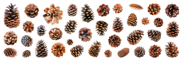 Set of isolated pinecones on a transparent background for ornamental Christmas and New Year party decoration elements.