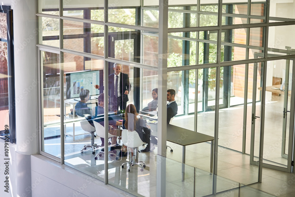 Poster business man, meeting and presentation in office for planning, progress or revenue with top view. te