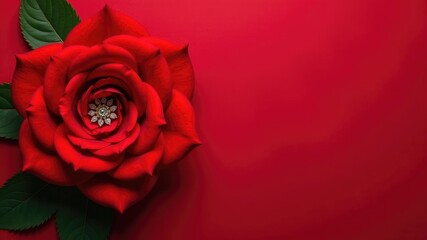 Elegant red rose with jewelry center on vibrant background: nature's luxury