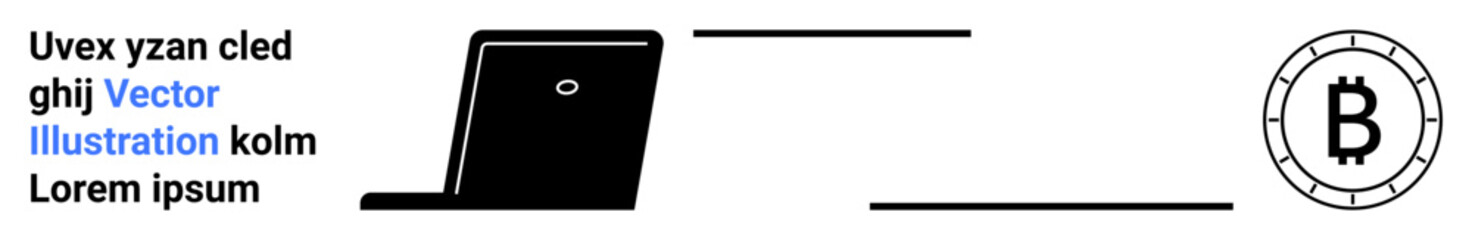 Laptop icon, Bitcoin logo, text blocks, black and blue theme. Ideal for cryptocurrency, finance, technology, investing blockchain secure transactions digital economy. Landing page