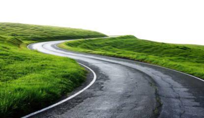 Asphalt road curving through a lush green landscape on a transparent background.