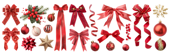 Set of isolated ribbon on a transparent background for ornamental Christmas and New Year party decoration elements.