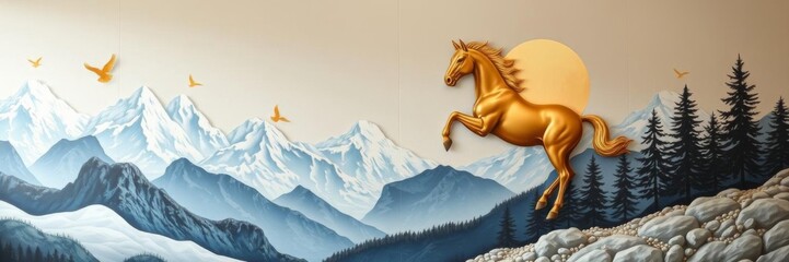 3D mural wallpaper featuring horse, golden trees, mountains, suns, birds on modern background, mural, trees
