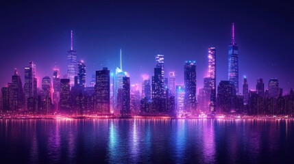 Fototapeta premium A Nighttime View of a City Skyline with Neon Lights Reflecting in the Water