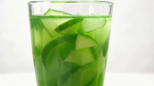close-up highlighting fresh green celery juice with cucumber slice and stalks, celery juice with cucumber slice and stalks enhancing the clean green hue
