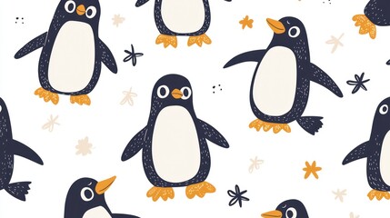 Obraz premium Penguin seamless pattern with simple doodles and bird shapes