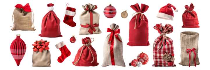 Set of isolated Santa sacks on a transparent background for ornamental Christmas and New Year party decoration elements.
