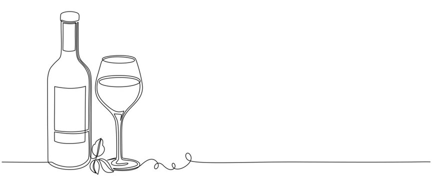 continous line drawing bottle of wine with wineglass vector eps