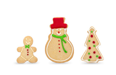 Merry Christmas Set Cookies Gingerbread man Christmas tree and Snowman Assembled and decorated with royal icing easy minimal style isolated on white background.