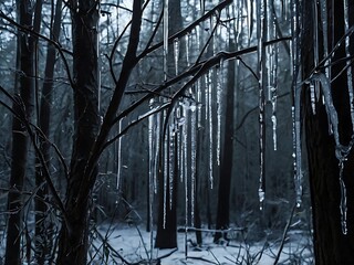 Icicles Hanging From Tree Branches in a Snowy Forest