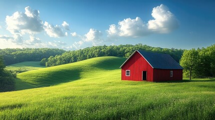 Obraz premium Serene countryside landscape with a bright red barn and green hills