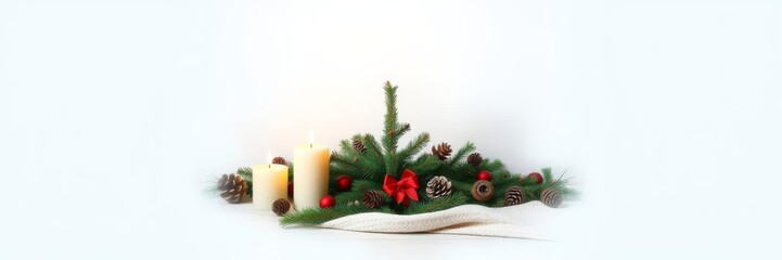 A cozy Christmas background with candles, a blanket, fir tree cones, and space for text on a wooden backdrop, focusing on the middle plan, cones, background
