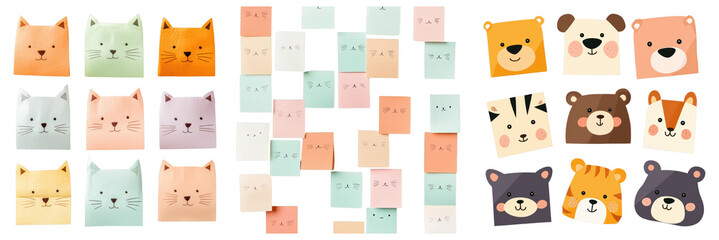 Colorful and Playful Animal Illustrations Featuring Cute Cats, Bears, and Various Colorful Squares for Children's Products or Fun Designs