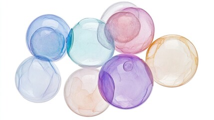 group of soap bubbles, whimsical floating, soft pastel hues, subtle reflections, isolated on white background 