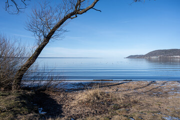 A beautiful misty blue lake view in the morning