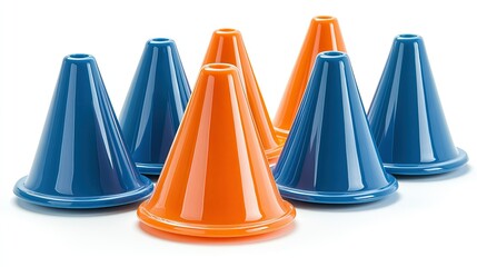 Colorful traffic cones arranged in a group on a white background