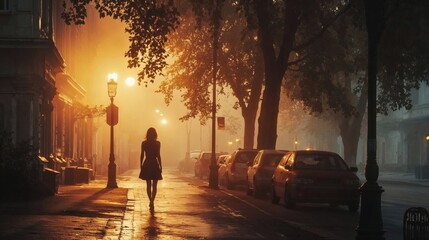 Silhouette of woman in dress walking alone on misty street at sunset, with golden light filtering through trees and illuminating wet pavement alongside parked cars