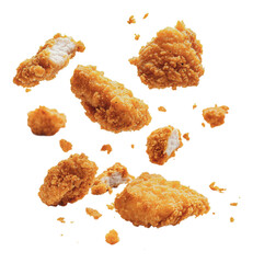 PNG Crispy fried chicken pieces flying in the air