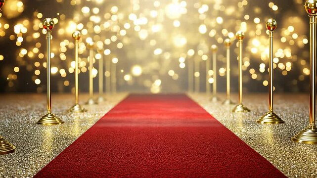 Red carpet with gold stanchions and sparkling bokeh lights. Luxury event concept for awards, gala, or celebration	