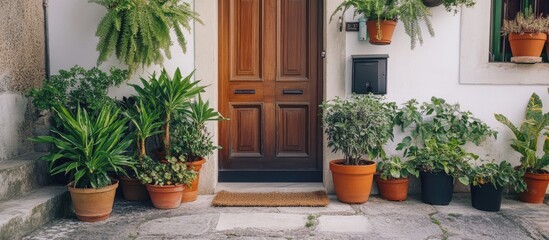 Naklejka premium Charming front door adorned with lush potted plants and a welcoming doormat ideal for enhancing home entryways