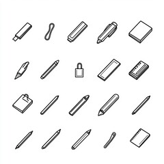 Minimalist Monochrome Office Supply Icons  Pen  Pencil  Notebook  and More in Clean Line Art Style