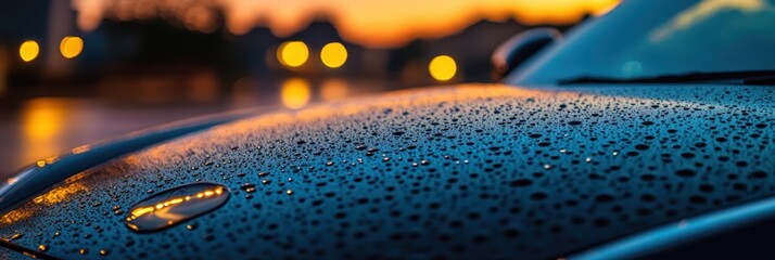 雨に濡れた車のボンネットが美しく輝く夕暮れ時の街並み