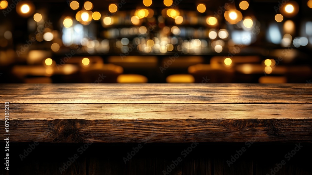 Poster wooden table with a blurry background and a few candles on it. the table is in a bar setting with a 