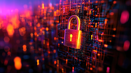 A digital representation of a padlock symbolizing cybersecurity, with vibrant colors and data patterns, highlighting online safety and protection.