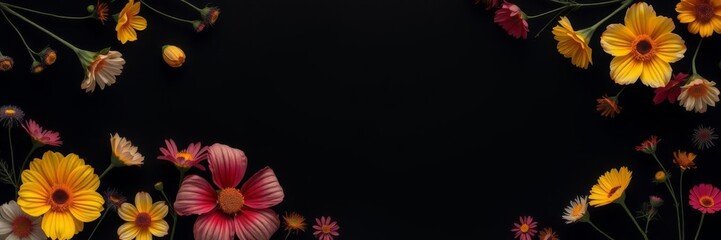 A stunning frame composed of vibrant yellow flowers against a dark background, creating a striking contrast with a blank space in the middle for text or design, text, dark background
