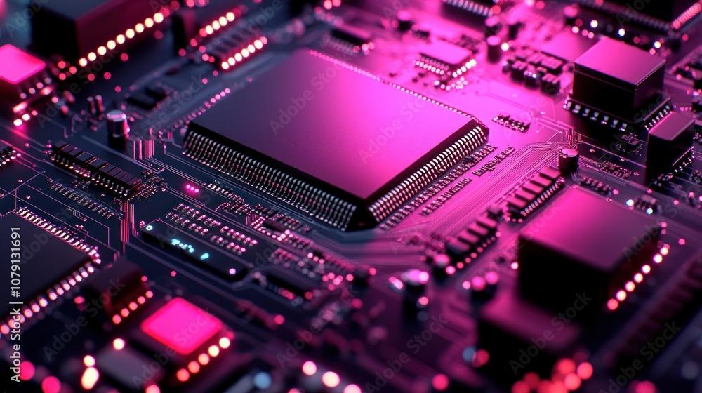 Poster close-up of a cpu on a circuit board with pink lighting.