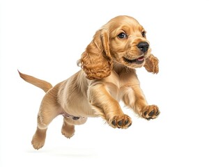 Playful cocker spaniel puppy running and jumping against white background