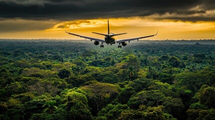 Fototapeta premium Airplane approaching landing over lush forest.