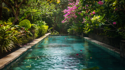 Tranquil tropical pool surrounded by lush plants and flowers