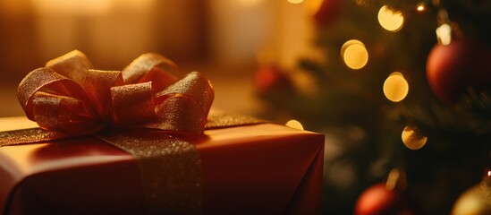 Close up of a beautifully wrapped gift box with a ribbon and bow beneath a decorated Christmas tree symbolizing holiday surprises and family celebrations