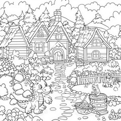 Obraz premium A friendly dragon helping villagers, coloring page for kids, simple outline illustration. Coloring book, simple lines.