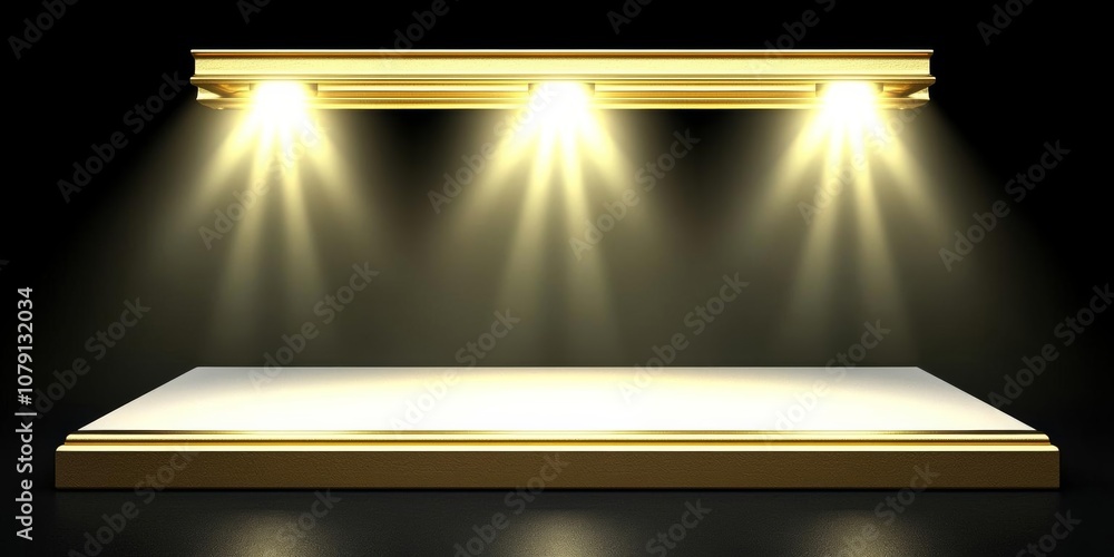 Poster empty of pedestal of platform display with gold stand podium on dark room background